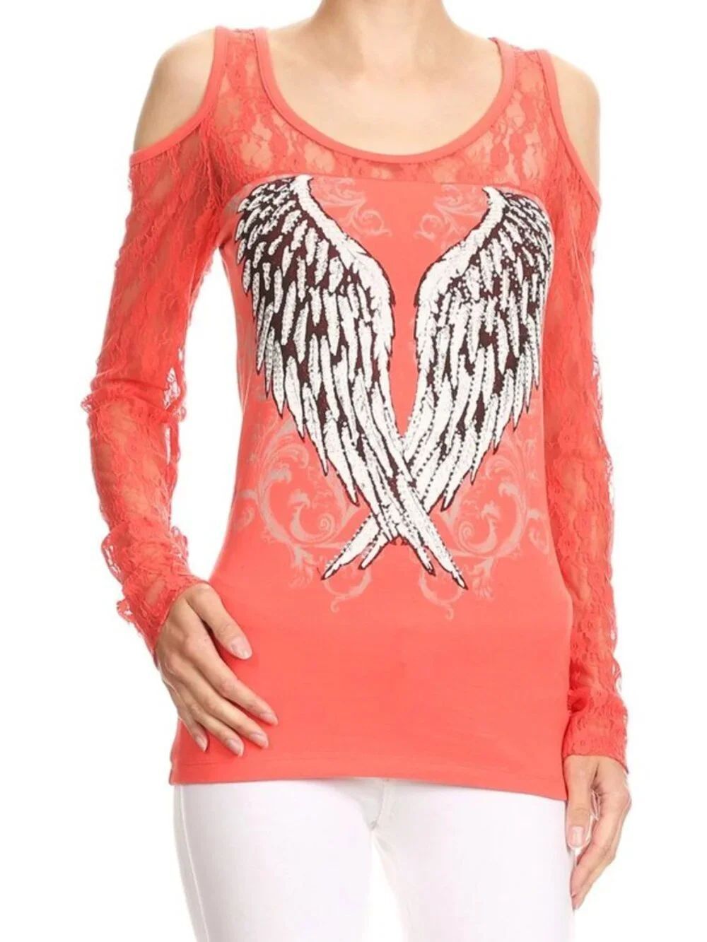 Angel Wing Cold Shoulder Lace Top Coral Pink Plus Size Biker Glam
